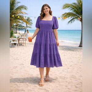 Purple Midi Dress Puff Sleeve Tiered Spring Vacation Dress Size L